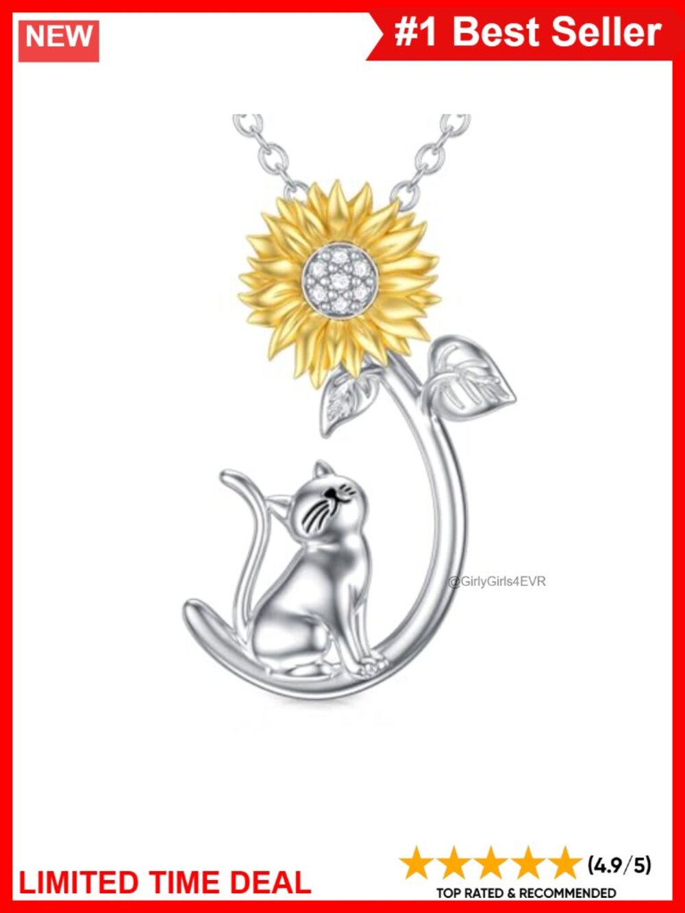 925 Sterling Silver Sunflower Cat Pendant Necklace Adjustable Chain Jewelry Gift